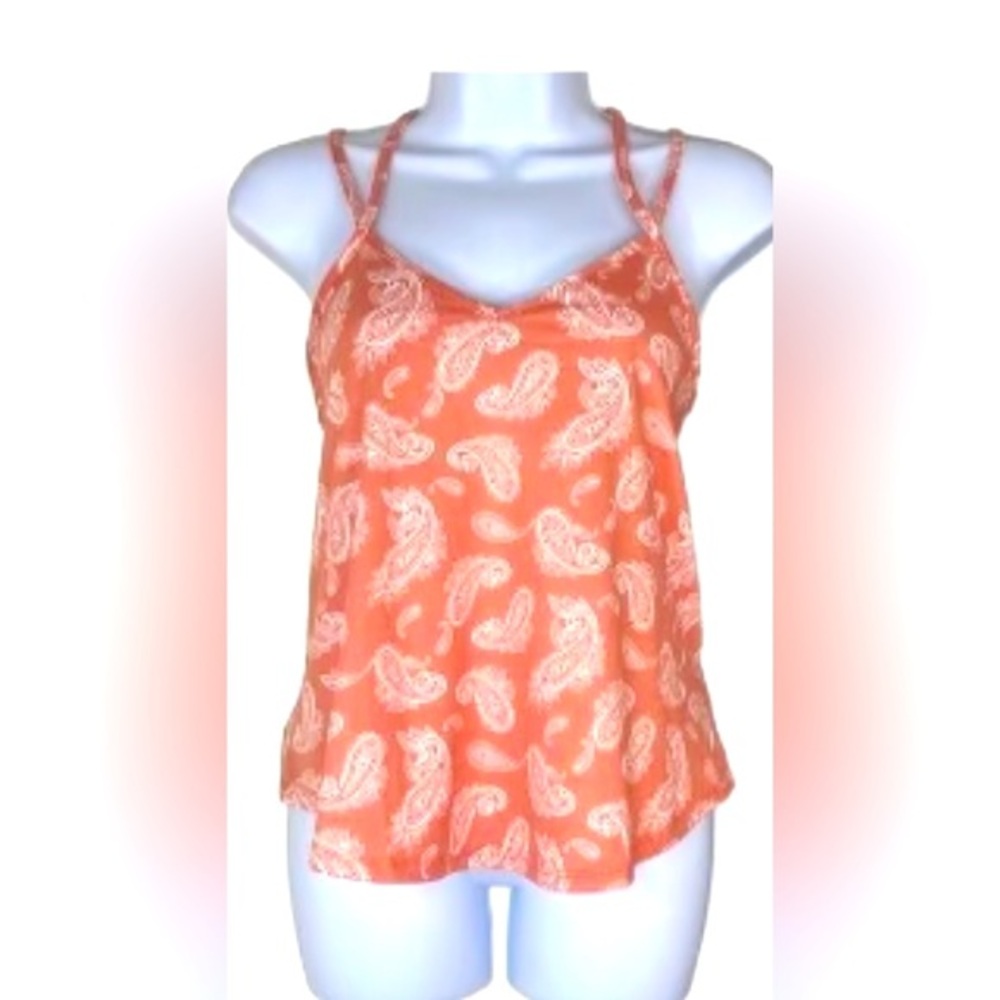 Papermoon Women Medium Petite Paisley Print Tank Top Orange Criss Cross Back